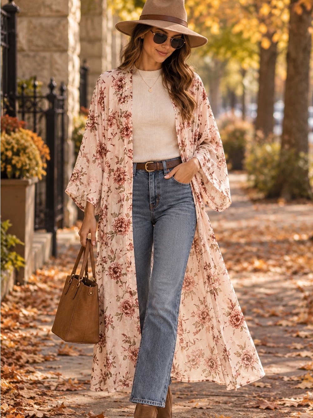 Floral Long Kimono Duster in Blush and Rust